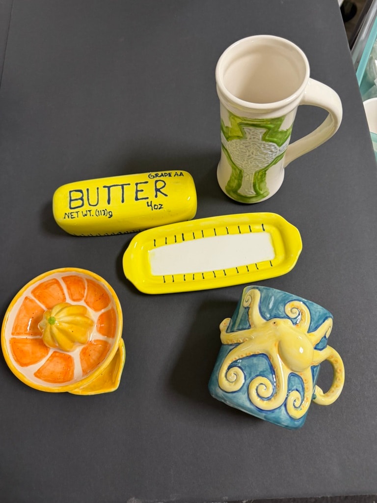 Ceramic kitchen collectibles — butter dish and mug