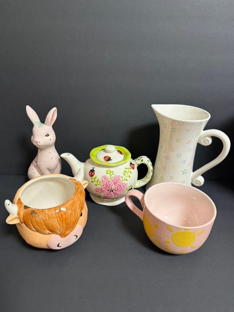 Whimsical ceramic tea set with bunny